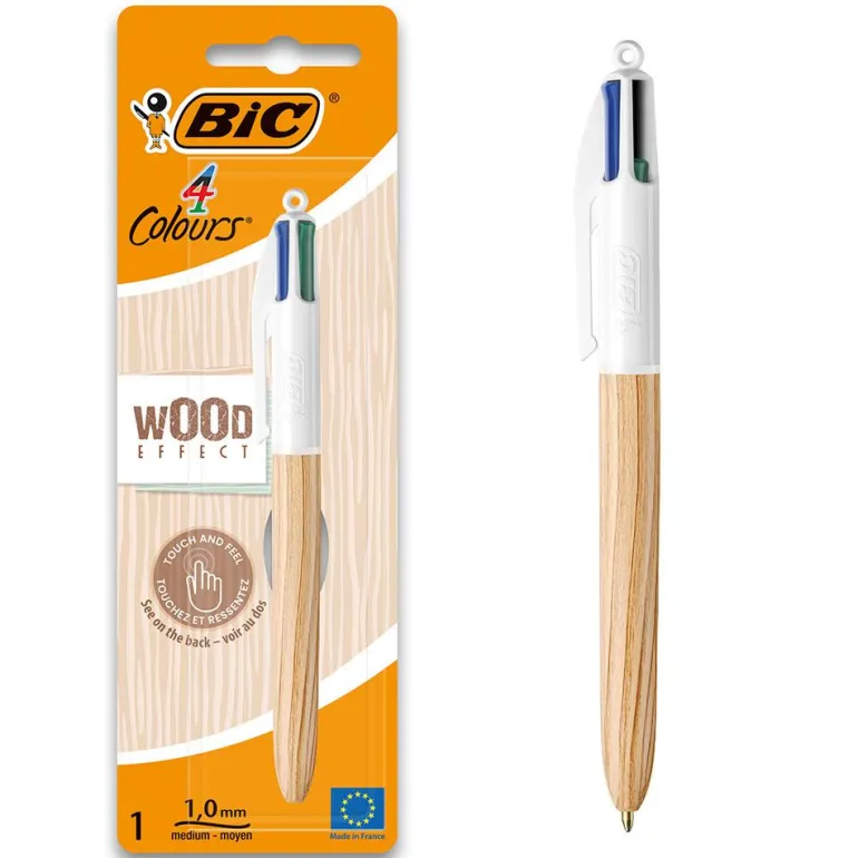 Bolígrafo Bic 4 colores cuerpo textura madera