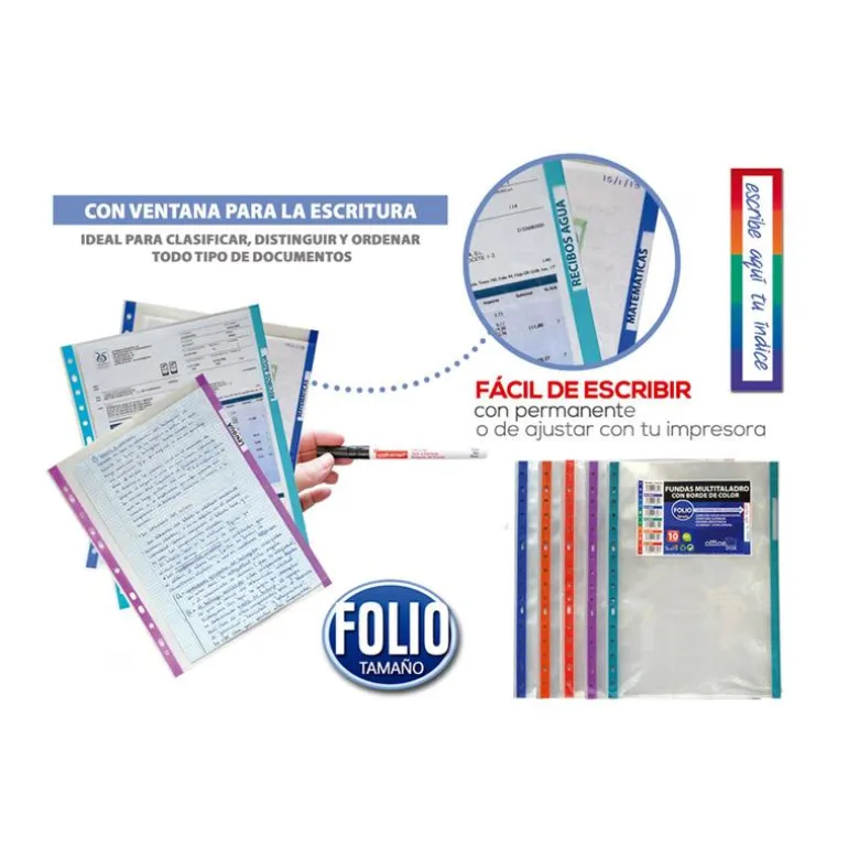 Funda transparente tamaño A4 con multitaladro y borde de colores 10 unidades