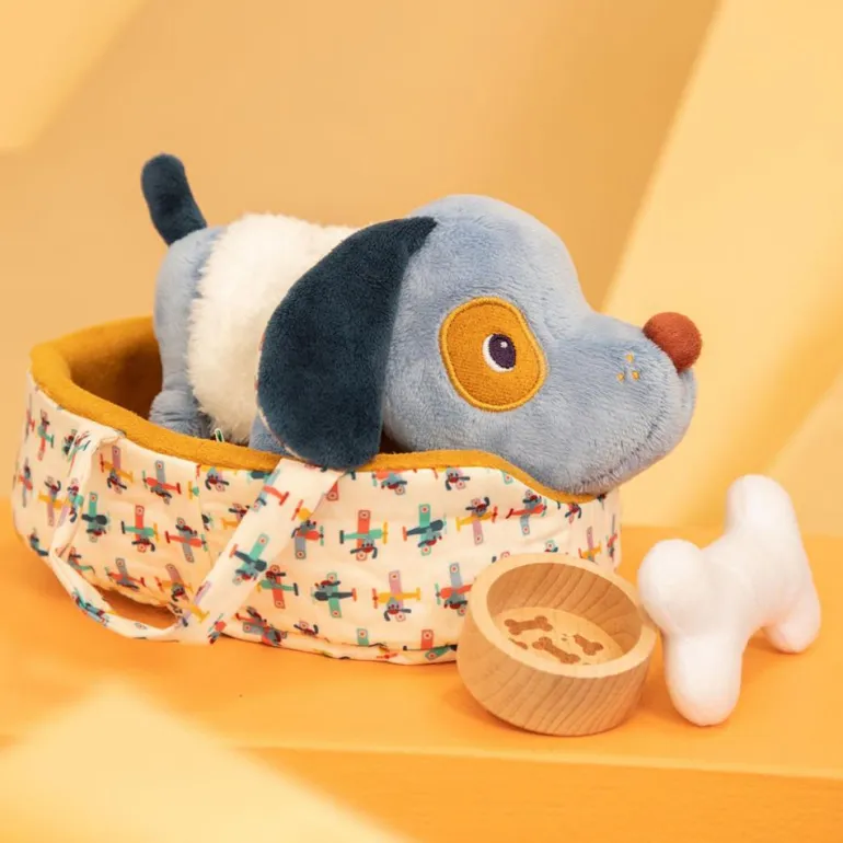 Peluche perro Jules con cesta y accesorios tela