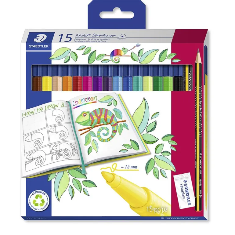 Rotulador Triplus 15 colores con lápiz y con goma borrar
